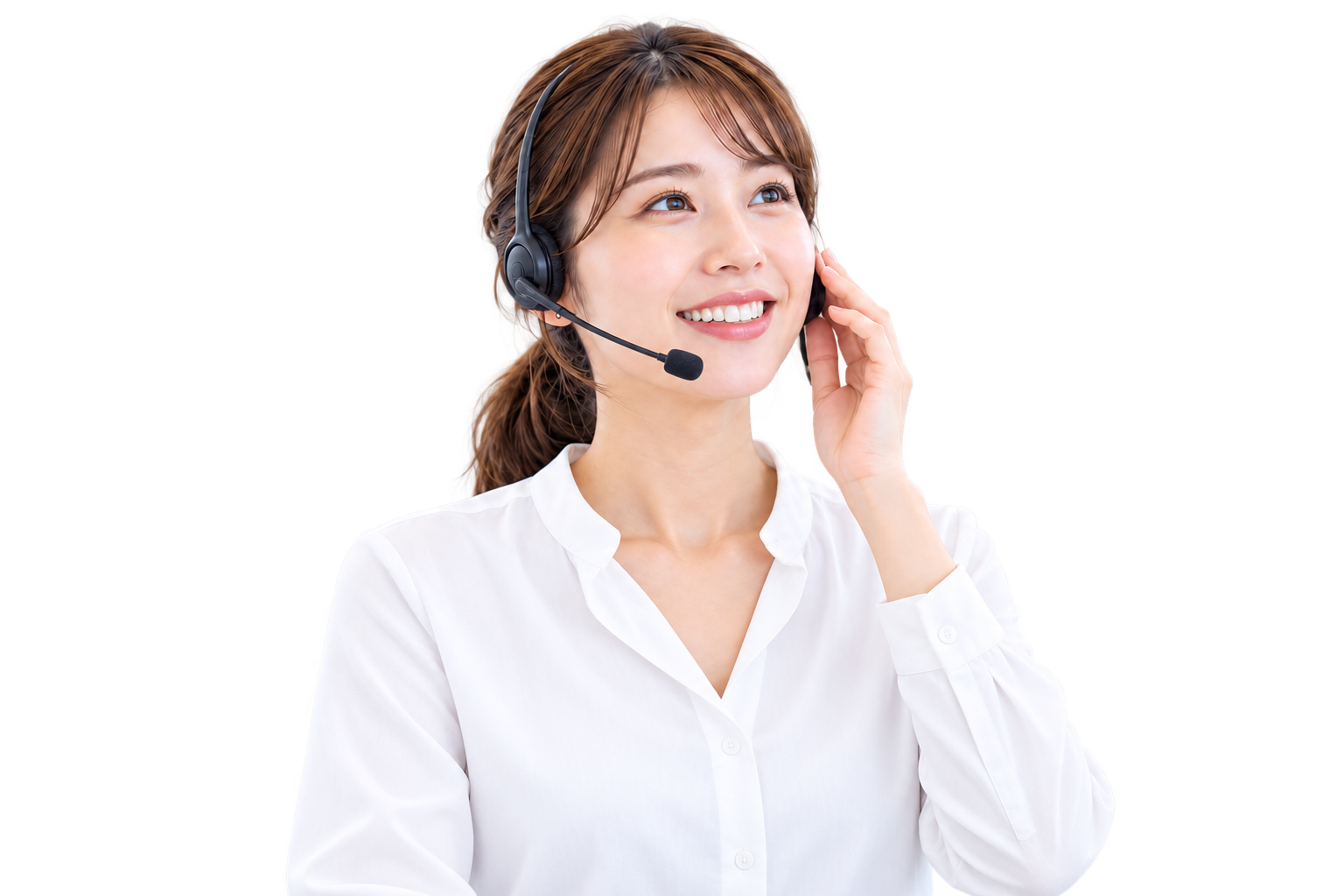 明るいオフィスでヘッドセットをつけた女性。サービスのイメージ。